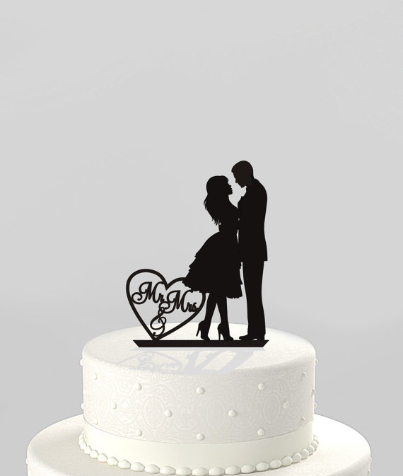 زفاف - Wedding Cake Topper Silhouette Couple, BLACK Acrylic Cake Topper [CT82]