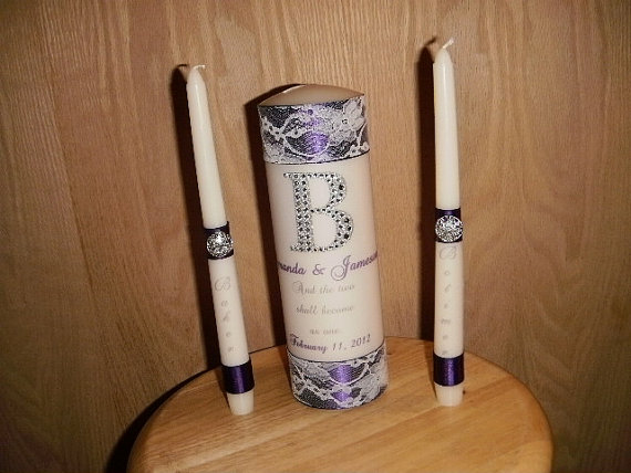 Hochzeit - Personalized Unity Candle Set And Two Became One with lace and gems