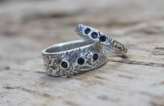 زفاف - sapphire wedding ring eternity band set . engraved fair trade sapphire rings . orions belt recycled silver wedding rings by peacesofindigo