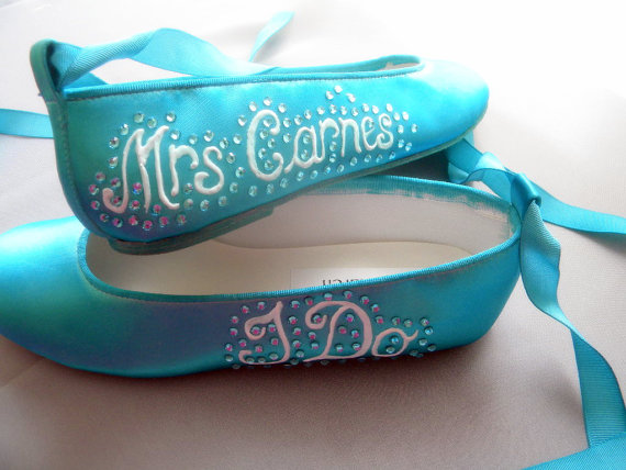 Свадьба - Aqua blue Wedding shoes, Aqua Blue  Ballerina Flats , Personalized shoes, painted names , wedding flats, wedding shoes I do crystals