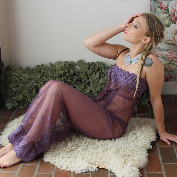 زفاف - long sheer gown and panties in cotton embroidered mesh - BOUQUET hand dyed lingerie - made to order