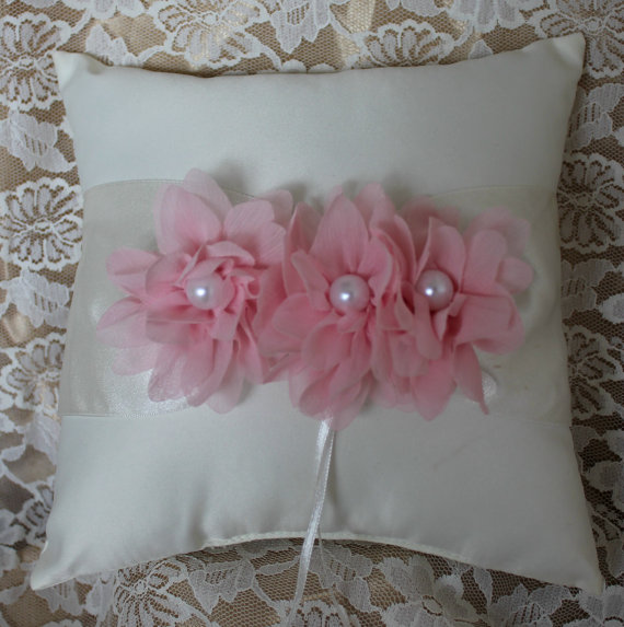 Wedding - White or Cream Ring Bearer Pillow with 3 Dusty Pink Chiffon Flowers with Pearls