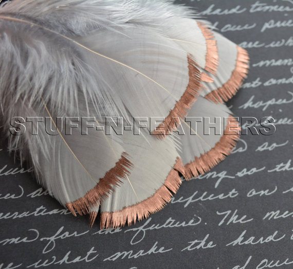 Wedding - COPPER DIPPED Silver Gray feathers – metallic copper hand painted individual turkey feathers / 3-5in (7.5-12.5cm) long, 6 pcs/ F112-3C