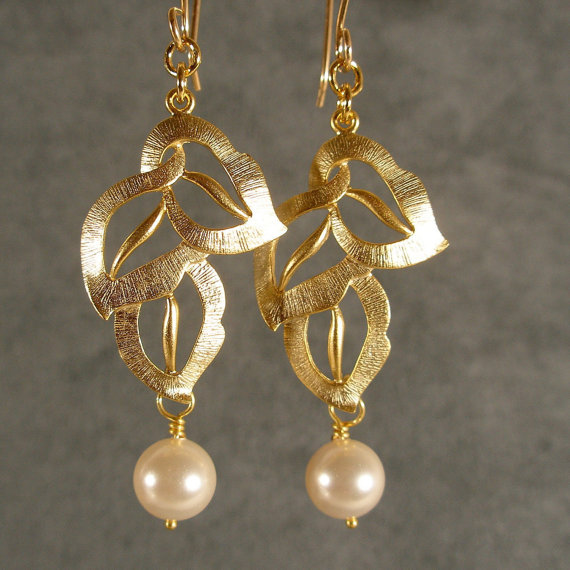 زفاف - Art Deco Leaves Gold Bridesmaid Earrings, Wedding Earrings, Wedding Earrings, Gold Earrings, Pearl Earrings, Bridal Earrings (600-2473W)