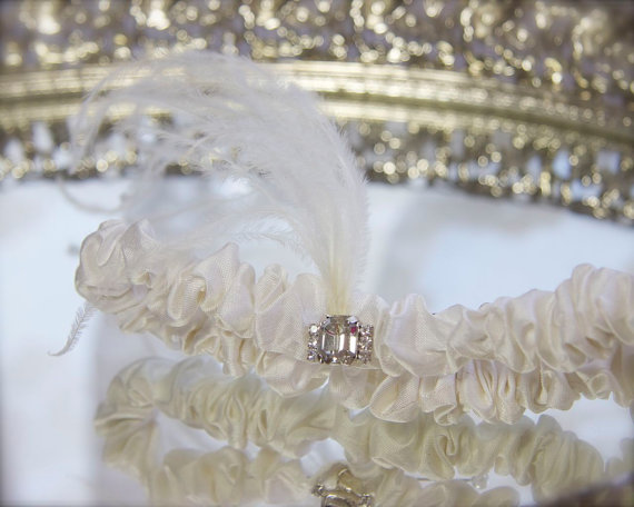 Hochzeit - Feather Rhinestone Silk Garter Silk Narrow Garter Ivory, Diamond White Dupioni Silk Crystal Rhinestones bridal garter