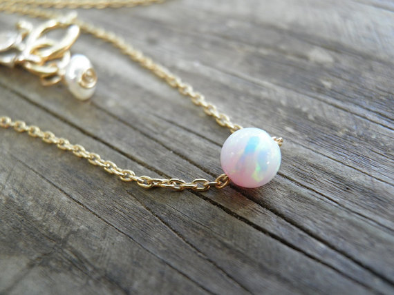 Mariage - Bridal White Pink Opal Necklace, Tiny One 4mm Opal Necklace, Gold Necklace, Bridesmaid gift Opal Jewelry, Minimalist 14k Gold fill Necklace