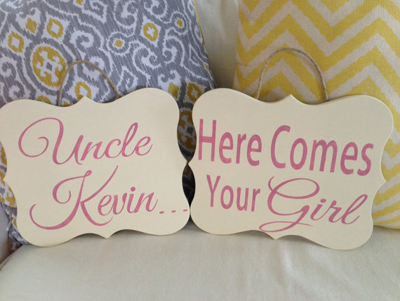 Hochzeit - Handpainted Ring Bearer sign (pair of 2) "Uncle .. here comes your girl" Wedding Signs