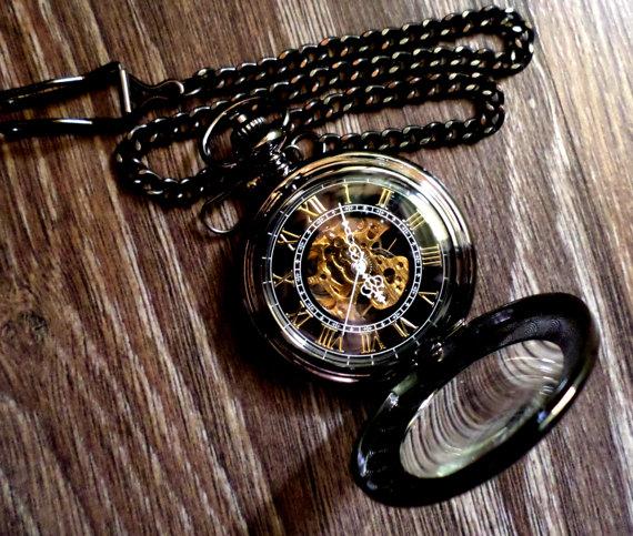 Wedding - Pocket Watch Onyx Black Magnifier Mechanical with Vest Chain Groomsmen Gift Mens Gift Grooms Corner Engravable Ships from Canada