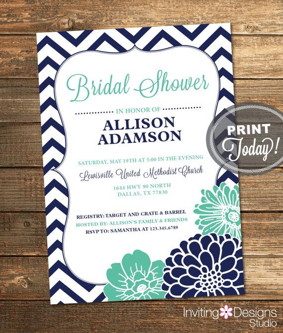 Bridal Shower Invitation, Chevron, Floral, Mint Green, Mint, Aqua, Navy