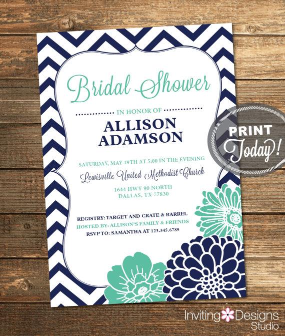 Wedding - Bridal Shower Invitation, Chevron, Floral, Mint Green, Mint, Aqua, Navy, Navy Blue, Vertical, Printable (Custom Order, INSTANT DOWNLOAD)