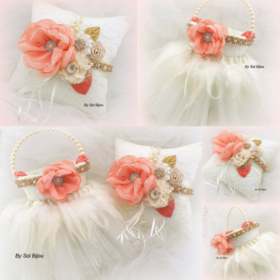 Wedding - Pearl Ring Bearer Pillow and Pearl and Tutu Flower Basket Set in Ivory, Coral and Gold with Feathers, Crystals and Pearls - Divine