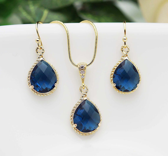 Hochzeit - Wedding Jewelry Bridesmaid Jewelry Bridesmaid Earrings Bridal Jewelry Sapphire Gold Trimmed Pear Cut Bridesmaid gift