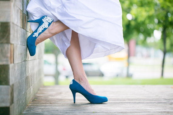زفاف - Wedding Shoes - Teal Blue Wedding Shoes, Teal Heel with Ivory Lace. US Size 8.5