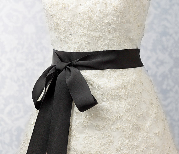 Wedding - Pure Black Bridal Sash - Romantic Luxe Grosgrain Ribbon Sash - Wedding Sashes -  Bridal Belt