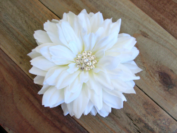Mariage - Diamond White Bridal Flower Fascinator Hair Clip Pin Wedding Accessories Large Full Dahlia Rhinestones Cake Topper Brooch Pin Back Sash