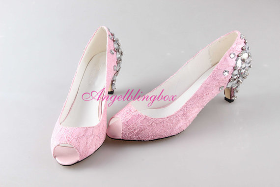زفاف - Handmade pink lace crystal wedding shoes,Pink wedding shoes,Lace bridal shoes, pink party shoes in 2014