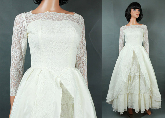 Wedding - Vintage 60s Wedding Gown XXS Long Full Off White Tiered Lace Tulle Taffeta Dress Beads Free US Shipping