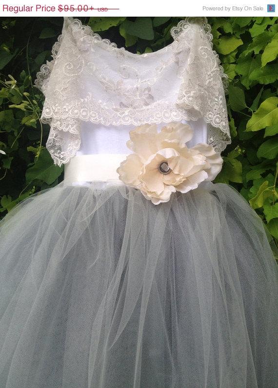 Wedding - Gray Tulle Junior Bridesmaids Tutu Gown With Lace Collar / flower girl dress for tweens / dress for teens/ modest dress
