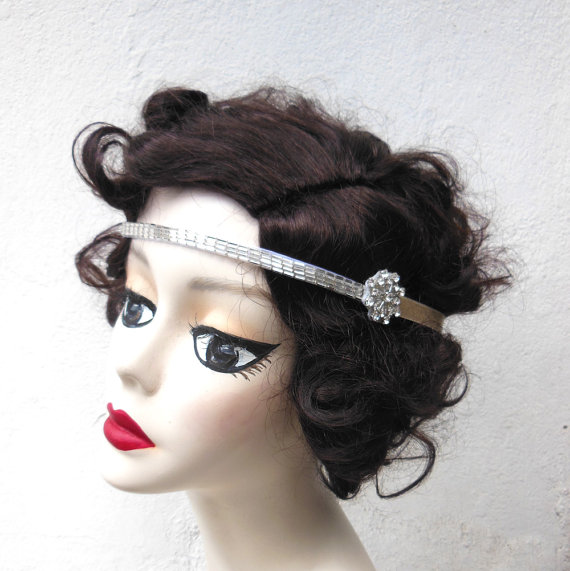 Wedding - Swarovski Crystal, Flapper Headband, Hair Accessory, Great Gatsby, Costume Headpiece, Silver Beaded,