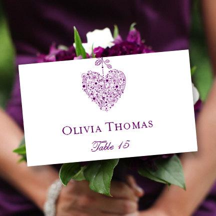 زفاف - Printable Place Card Template "Hearts" Purple 