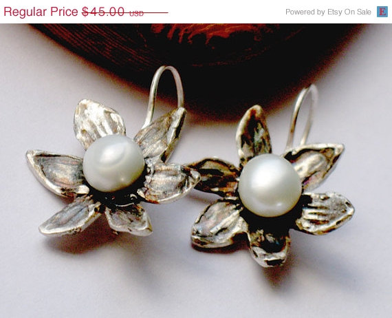 Mariage - Spring Sale Silver Pearl Earrings-Bridal Sterling Pearl Earrings-Nature Inspired-Women's Jewelry-Sterling Wedding Floral Dangle Earrings