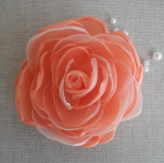 Mariage - Coral Red Salmon Pink fabric Flower Rose Bridal Bridesmaids Hair Dress Sash Shoes Clip Ornament Brooch Flower girls Gift Weddings Accessory