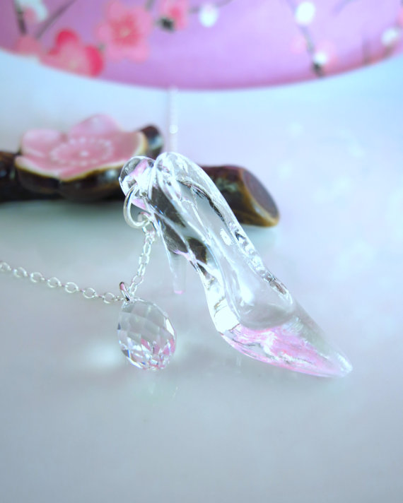 زفاف - Cinderella glass slipper sterling silver Swarovski crystal necklace, Cinderella shoe crystal necklace