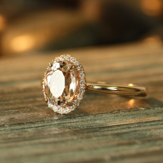 زفاف - Handmade Natural Morganite Engagement Ring 9x7mm Oval Peach Apricot Morganite Halo Diamond Ring 14k Rose Gold