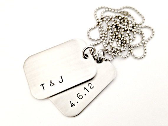 Hochzeit - Personalized Dog Tag Necklace - Hand Stamped Mens Custom Jewelry - Couples Anniversary Wedding Groomsmen Gift - Initials & Date Tag - Silver