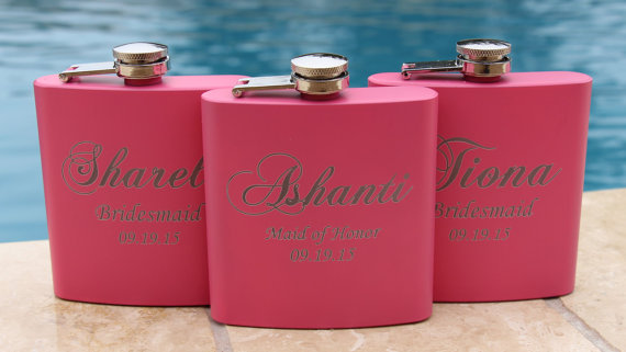 Hochzeit - 3 Personalized Bridesmaid Flasks, Bachlorette Party Favors Pink Engraved Hip Flask, Monogram Flask, Maid of Honor, Wedding Party Gifts/favor