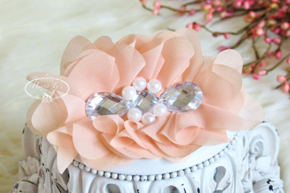 Wedding - New: Reign Collection 2 pcs Silk Fabric Flowers with Rhinestones - Light Peach Apricot floral embellishments Layered Bouquet fabric flowers