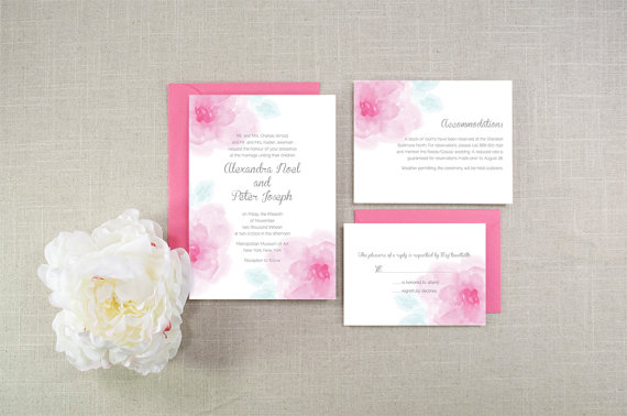 Wedding - Pink Roses Watercolor Wedding Invitation Suite - Set of 25
