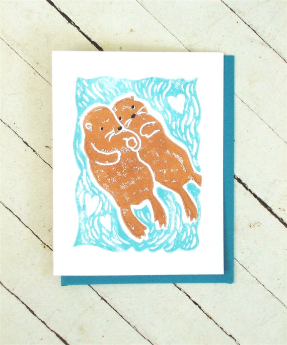 زفاف - Otters Holding Hands Hand Printed Card - Wedding, Engagement, or Save the Date in Teal and Brown