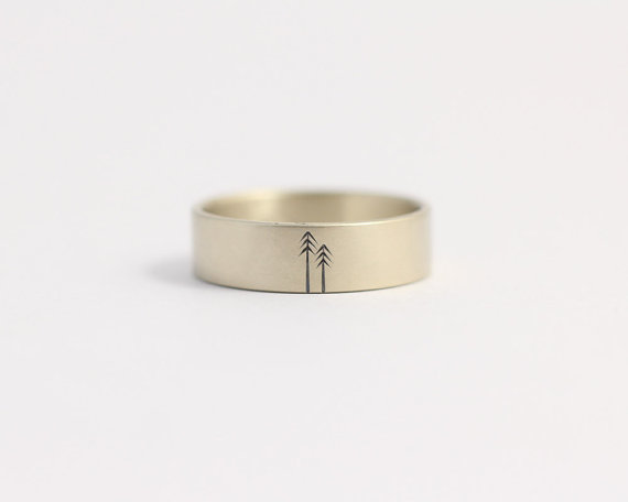 Hochzeit - Wedding Ring, Engagement Ring or Wedding Band Men's, Women's Matte Gold Woodland Wedding two Pine Trees