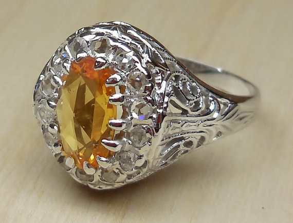 Wedding - Vintage Antique 1.42ct Natural Rose Cut Yellow Sapphire Diamond 14k White Gold Engagement Ring Victorian/ Edwardian 1800