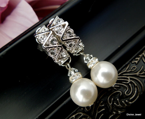 زفاف - Clip On Bridal Earrings,Wedding Pearl Earrings,Bridal Rhinestones Earrings,Rhinestone Earrings,Clip-on Earrings,Ivory or White Pearls,LEXI
