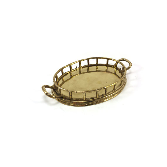 زفاف - Vintage Small Oval Brass Bamboo Tray - Table Top Tray - Brass Trinket Tray - Brass Bamboo - Jewelry Tray - Chinoiserie - Hollywood Regency