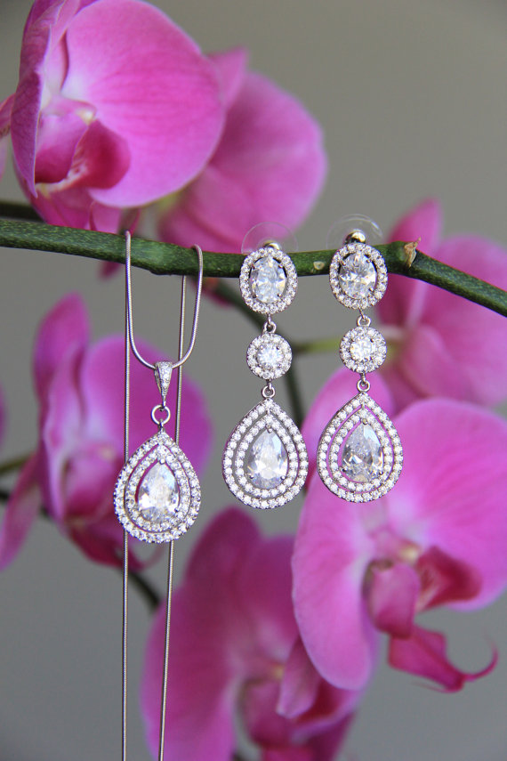 Hochzeit - Bridal jewelry set - necklace and earrings, wedding, CZ jewelry, wedding jewelry, bridal jewelry, wedding necklace, wedding earrings