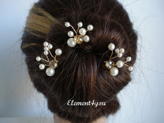 زفاف - Bridesmaid hair clips, Ivory pearls pins, Bridal Hair, Wedding Accessories, Swarovski Pearls, Champagne crystal, bridesmaid gift