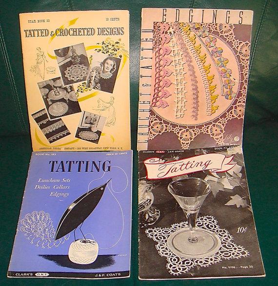 Hochzeit - Vintage 1940s Tatting Pattern Books Lot Tatting and Lace Edging Books Edgings for Linen Dress Collars, Lingerie Yokes, Baby Clothing
