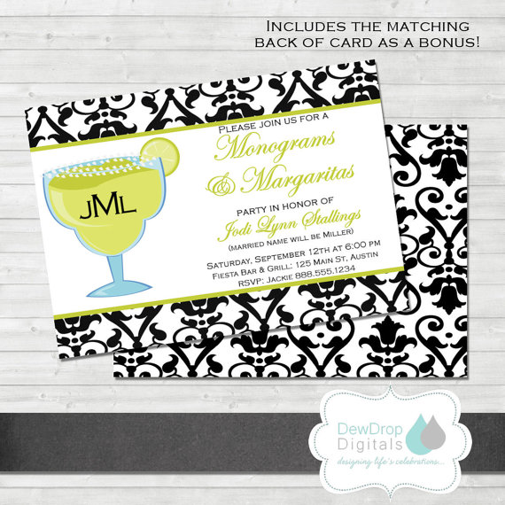 Hochzeit - Personalized Monograms Margaritas Mimosas Bridal Shower Bachelorette Party Invitation Bachlorette Invite Margarita Damask YOU PRINT Wedding