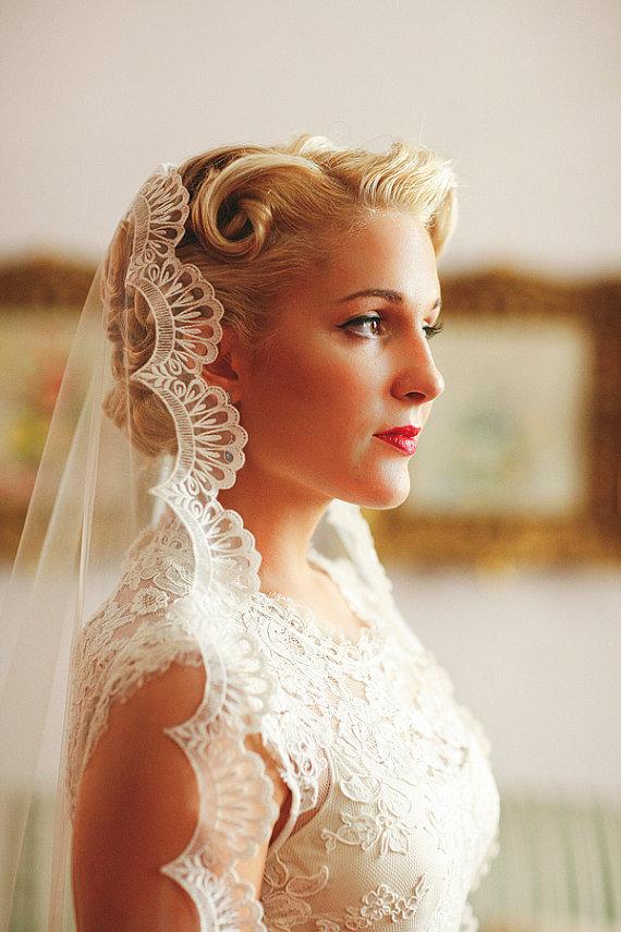 Wedding - Wedding Veil - Handmade Chapel Lace Bridal Mantilla Ivory or White - made to order