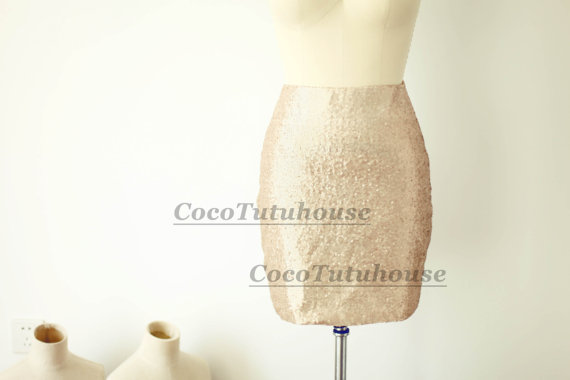Mariage - Matte Champagne Gold Sequin Skirt Fitted Tight Pencil Skirt Bridesmaid Skirt Short Sequin Skirt