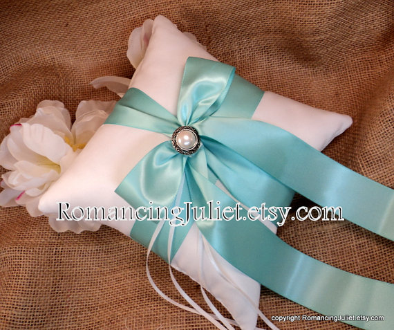 Hochzeit - Romantic Satin Elite Ring Bearer Pillow with Delicate Pearl Accent...You Choose the Colors...BOGO Half Off...shown in white/aqua