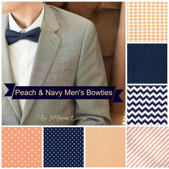 Hochzeit - Men's peach and navy bowties - gingham plaid chevron pin dots linen stripes peach wedding bow tie groomsmen ring bearer mens bow tie groom