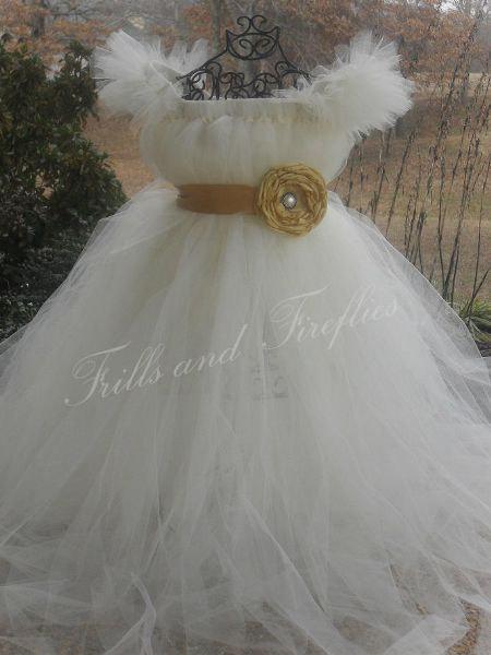 زفاف - Ivory Flower girl dress with Marigold Flower Sash and Sleeves Weddings, Party Dress, Birthdays. Special Occasions, Other Colors Available