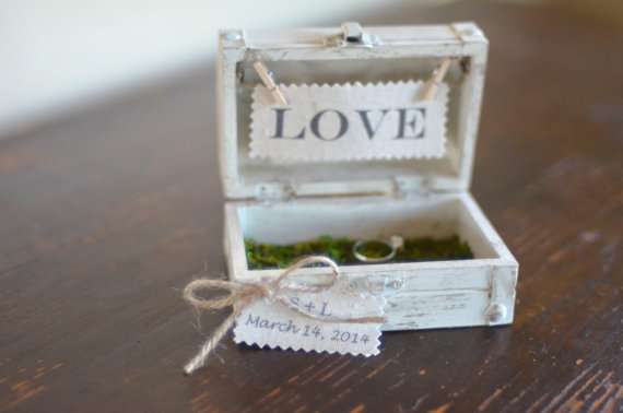 Wedding - Wooden Ring Bearer Box with Moss Details by Burlap and Linen Co