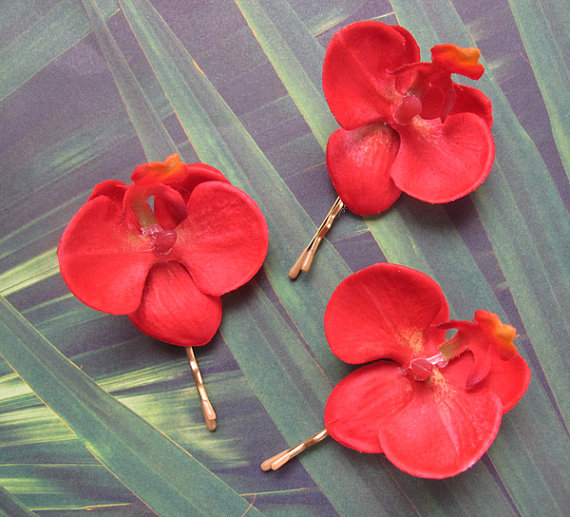 زفاف - Hawaiian Red Coral Orchids  SET OF 3 bobby pins flowers-hair clips - Weddings -