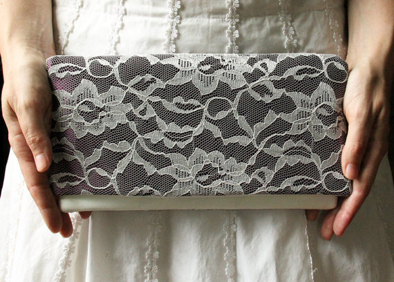 Mariage - The LENA CLUTCH - Lace Wedding Clutch - Plum Satin and Ivory Lace - Purple Wedding Clutch - Bridesmaid Gift Idea