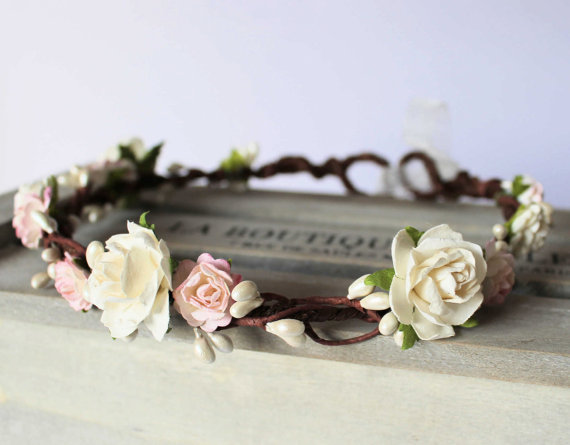 Wedding - Ivory and Pale Pink Rose with Pearl Pip Berry Floral Crown, Flower Girl Halo, Bridesmaid Garland, Boho Wedding, Ivory Flower Crown, Festival